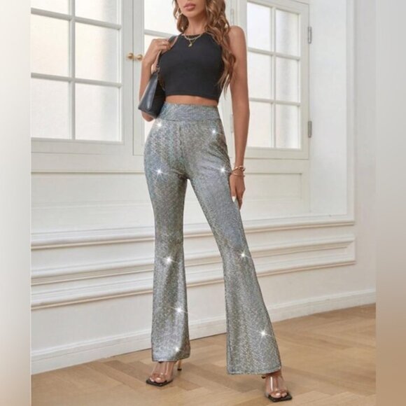 Silver High Waist Flare Leg Metallic Pants - Picture 4 of 7